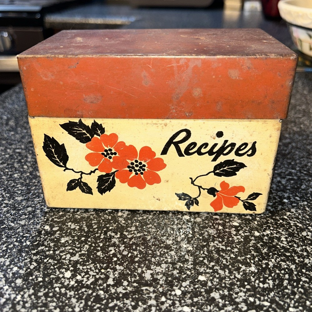 Rare Vintage Tin Metal Recipe Box by Ohio Art, Hall Red Poppy Pattern, Lot#50