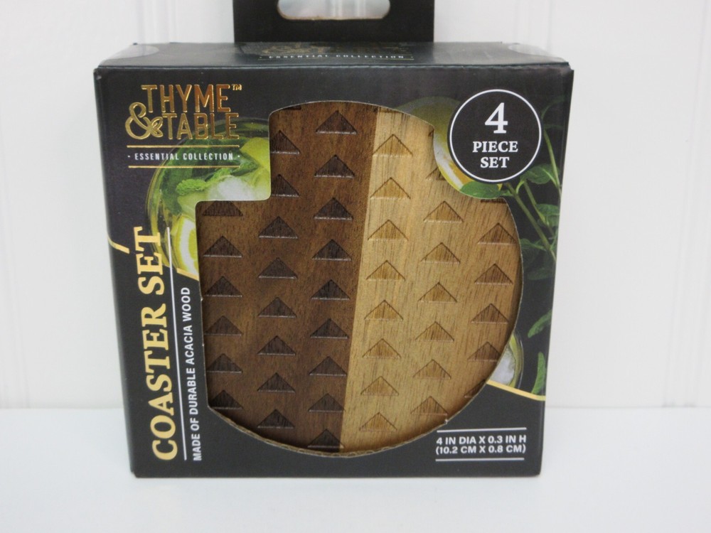 Thyme & Table Coasters  Acacia Wood Round4 Piece Set Brown Laser Etched Design