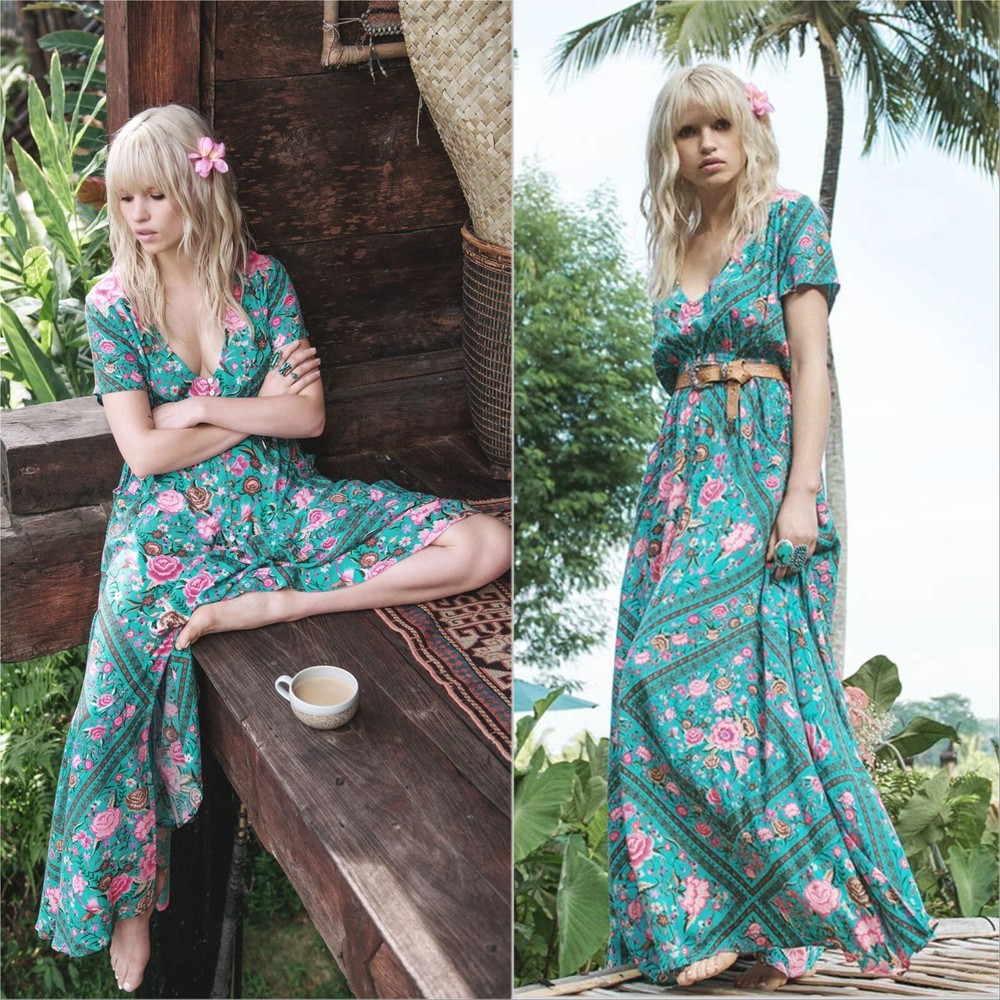SPELL Womens Size S or 8 Babushka Turquoise Print Maxi Gown Dress ULTRA RARE