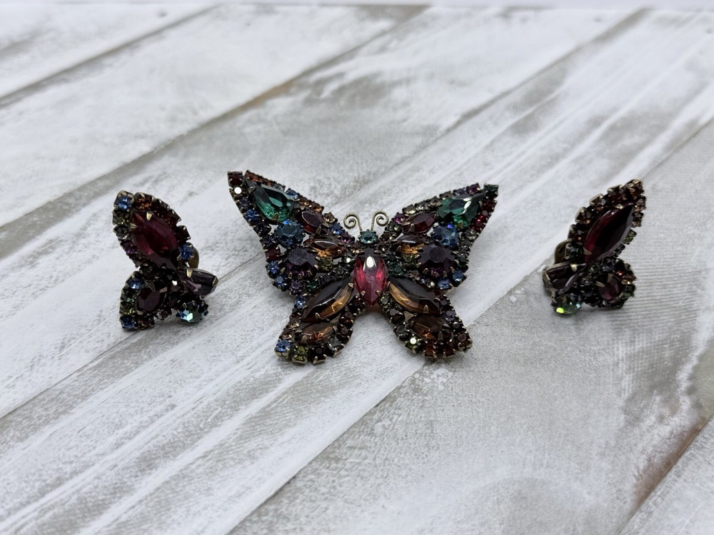 Vintage Weiss Fruit Salad Butterfly Brooch andEarrings Set Signed