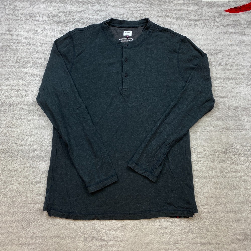 NWKC Northwestern Knitting Co Merino Wool Henley Shirt Large Black Worsted Mens