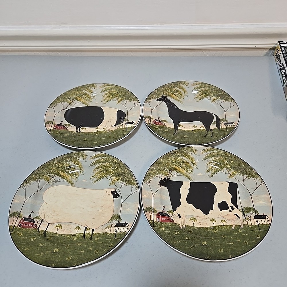 Vtg Warren Kimble Farmhouse Four 8.25”Plates Pig Horse Sheep Cow By Sakura 2000