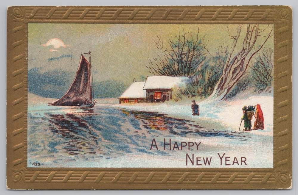 Holiday~Sailboat On River & Home New Year Greeting~Vintage Postcard