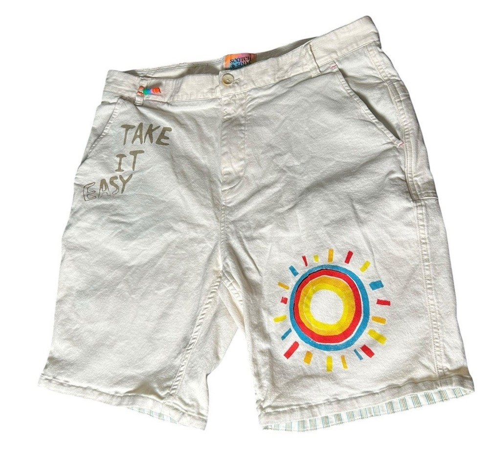 Scotch & Soda Cream Fave Shorts Men Sz 34 Take it Easy Amsterdam Graphic Artwork