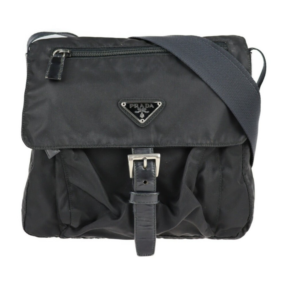 RARE PRADA PRADA VELA Shoulder Bag B8994 Nylon Leather Black Silver Hardware Tri