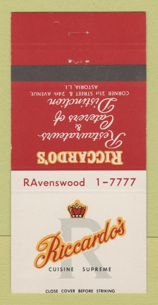 Matchbook Cover - Riccardo's Restaurant Astoria LI NY 30 Strike