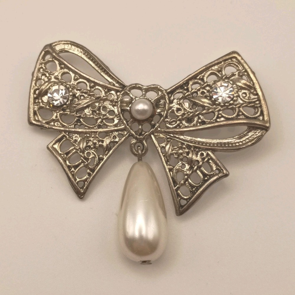 Vintage Bow Brooch Filigree & Teardrop Pearl Dangle & Rhinestone Silver Tone