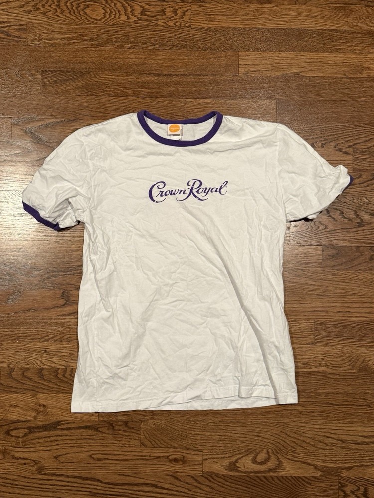 Vintage Crown Royal Ringer T-Shirt Made in USA Purple Trim Promo Tee 2000