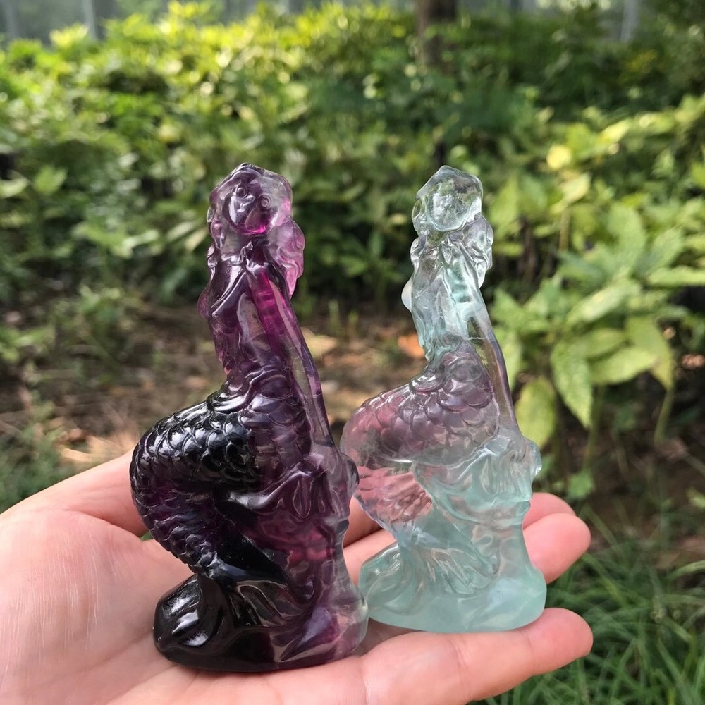 Natural Fluorite Mermaid Carving Healing Crystal Figurines Polished Gift Decor