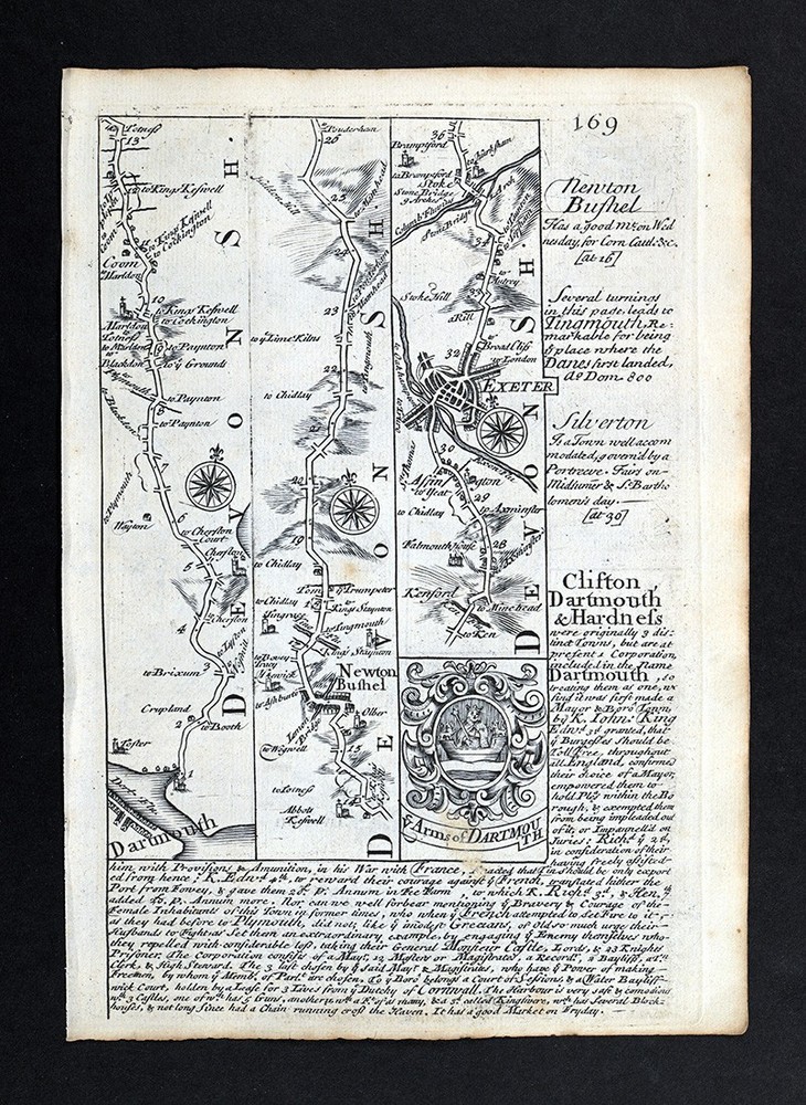 1720 Ogilby Bowen Road Map Dartmouth Exeter Tiverton Minhead Devonshire England