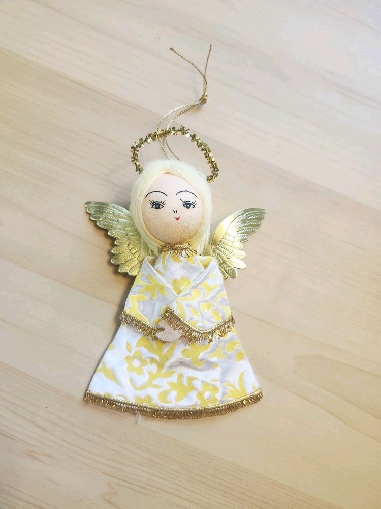 Vintage Handmade Cloth Angel Christmas Ornament with Gold Accents and Wings
