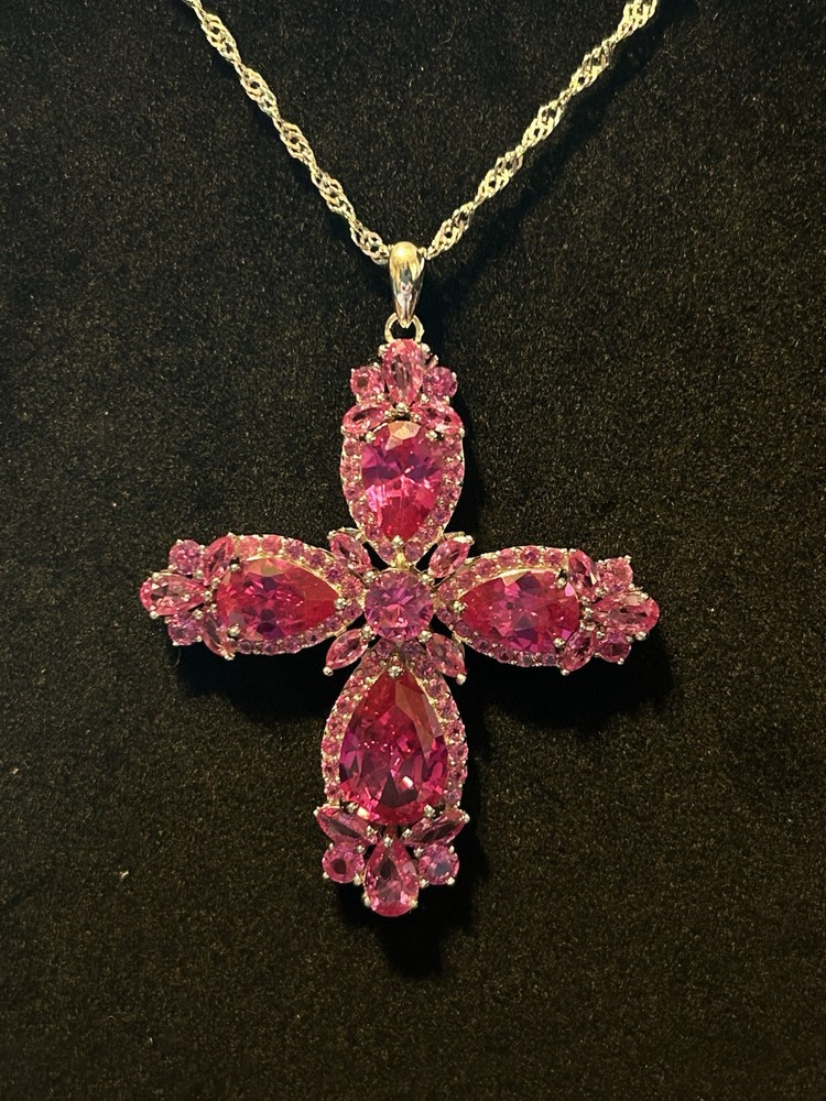 Cross Pendant Of Lab Pink Sapphire, 10.65ctw Pear, Round, & Marquise Cut Stones