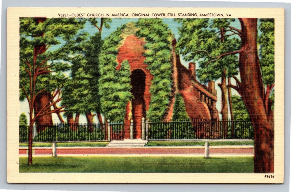 Vintage Linen Postcard Oldest Church Jamestown VA Original Tower