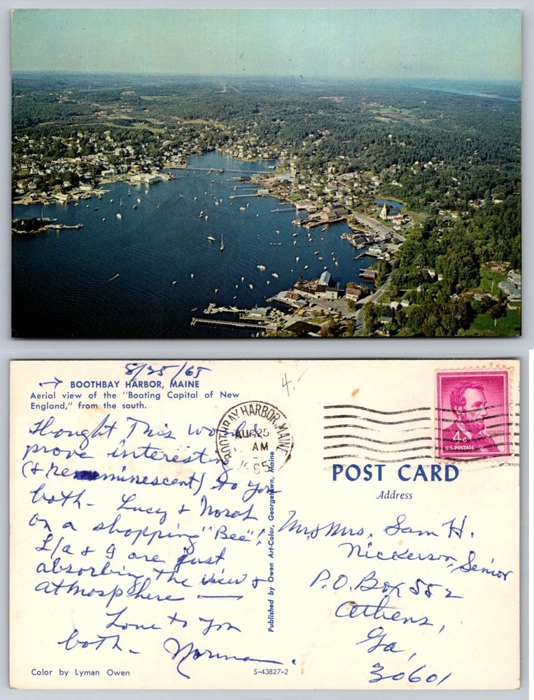 1965 Boothbay Harbor Maine Aerial View Boating Capital New England Postcard