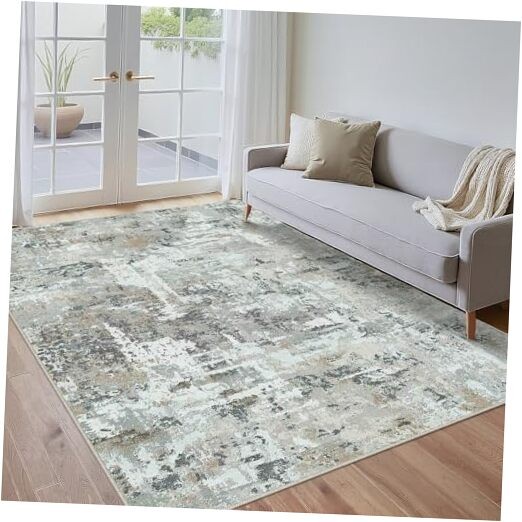 5x7 Grey Washable Abstract Modern Area Rug for Living Room Bedroom Neutral Carpet