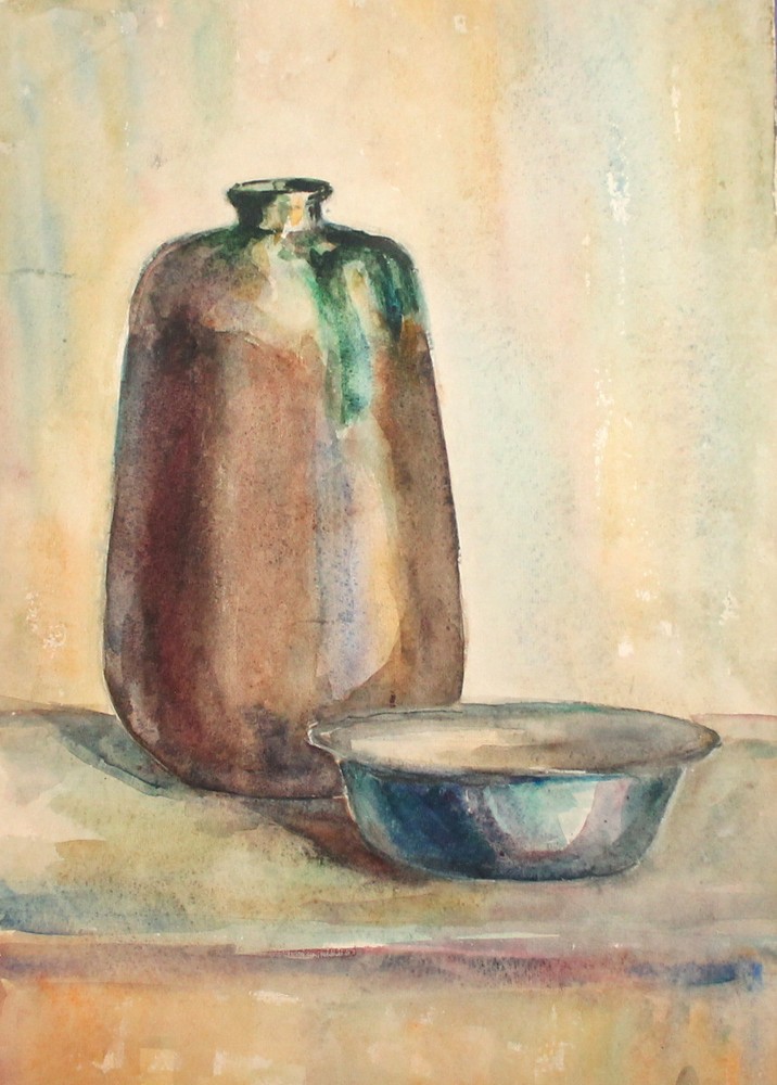 Vintage watercolor painting still life with pitcher and bowl