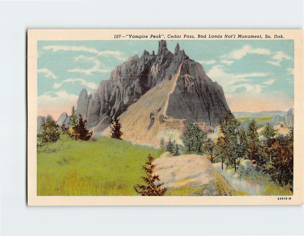 Postcard Vampire Peak Cedar Pass Bad Lands National Monument South Dakota USA