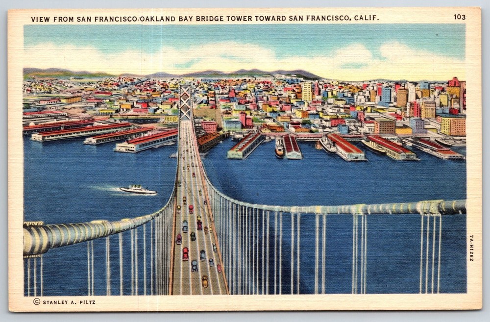 San Francisco California~View From Oakland Bay Bridge Tower~Vtg Linen Postcard