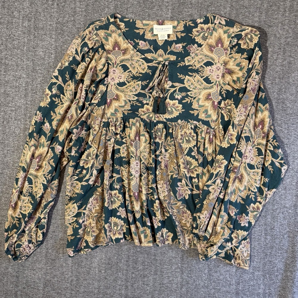 Ralph Lauren Denim & Supply Sz XL Green Floral Print Scoop Neck Boho Peasant Top