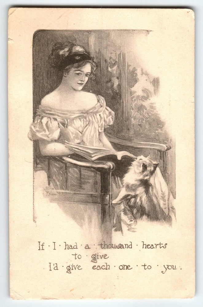 Vintage 1913 Romantic Woman with Kitten Cat Postcard The Pink Perfection Antique