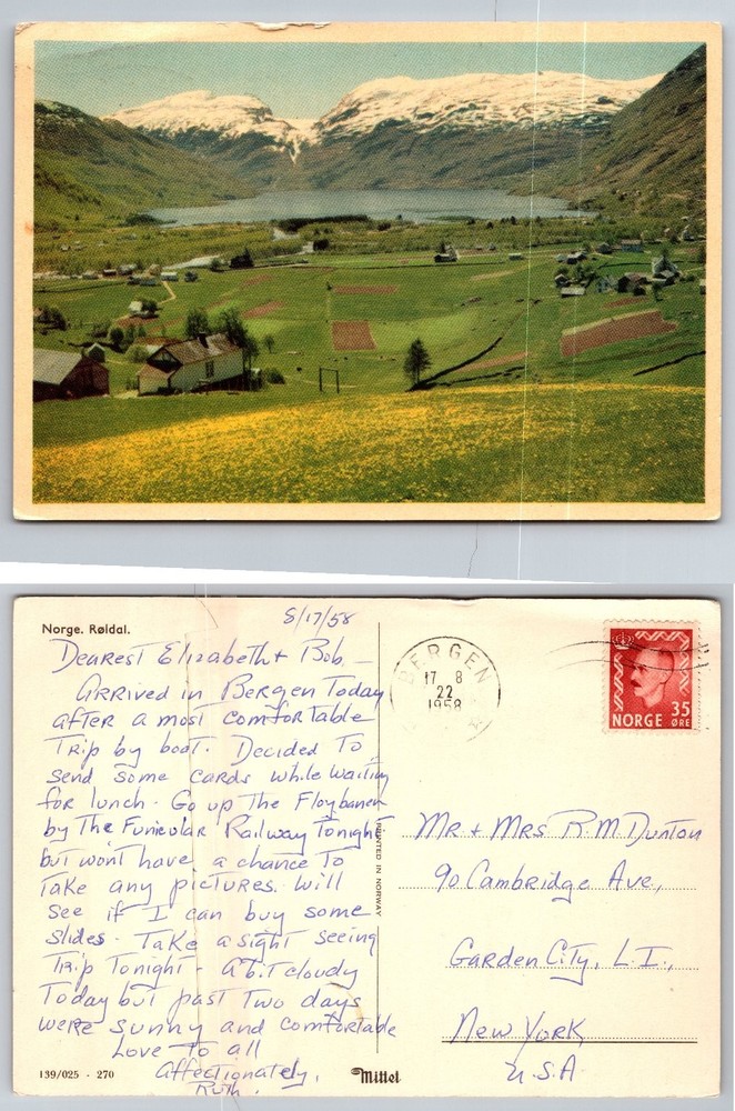 1958 Norway Røldal Valley Fjord Bergen Postcard Posted Fløibanen Trip