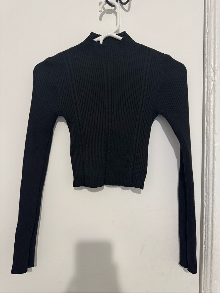 SHEIN Black Ribbed Mock Neck Long Sleeve Crop Top