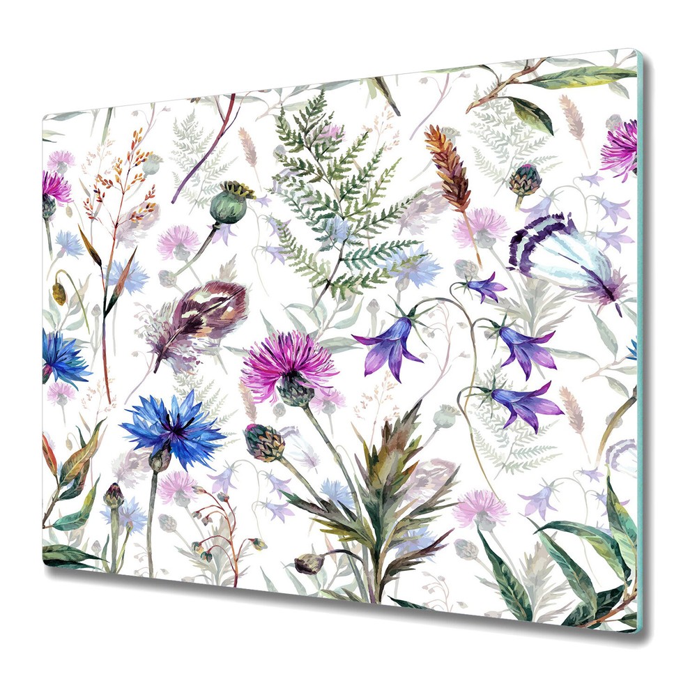 Glass Kitchen Chopping Board Wild flowers Colourful green and purple photo 60x52