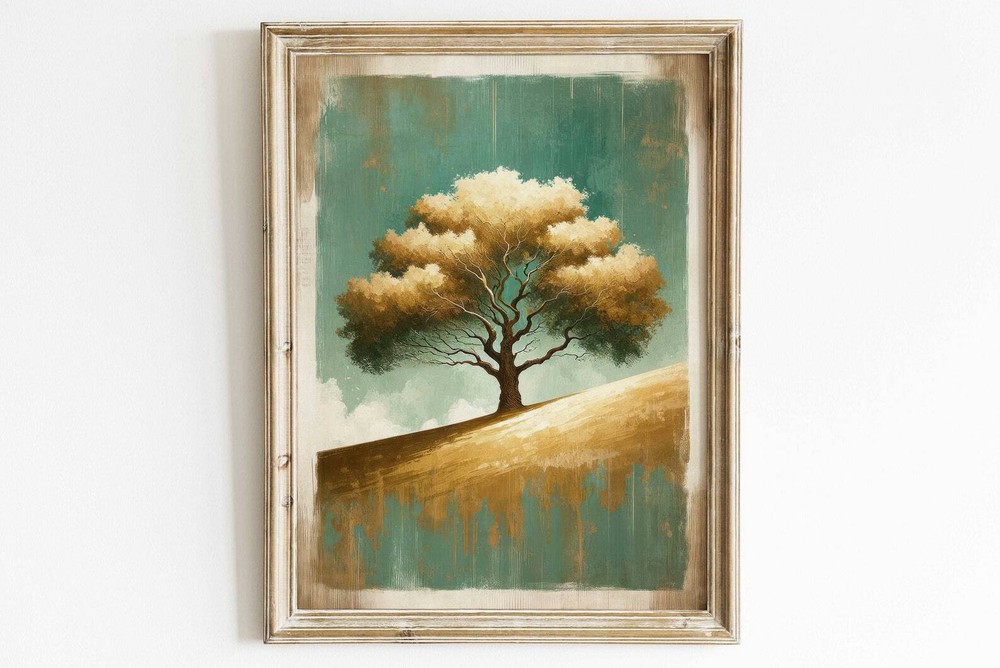 Tree Wall Art Abstract Oak Tree Painting Emerald Golden Rustic Tree Painting
