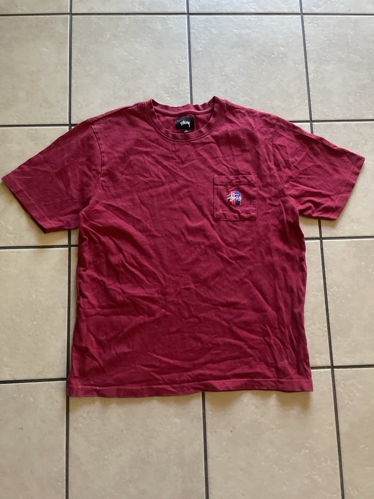 Y2K Stussy Red Short Sleeve Pocket T Shirt Size XL Surfing Vintage Skating