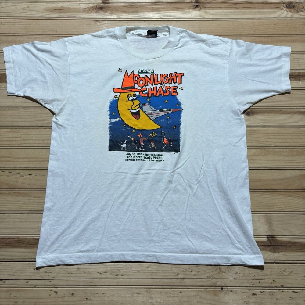Vintage 80s 90s Moonlight Chase Moon Fighter Jet Firstar Art Shirt Size XL