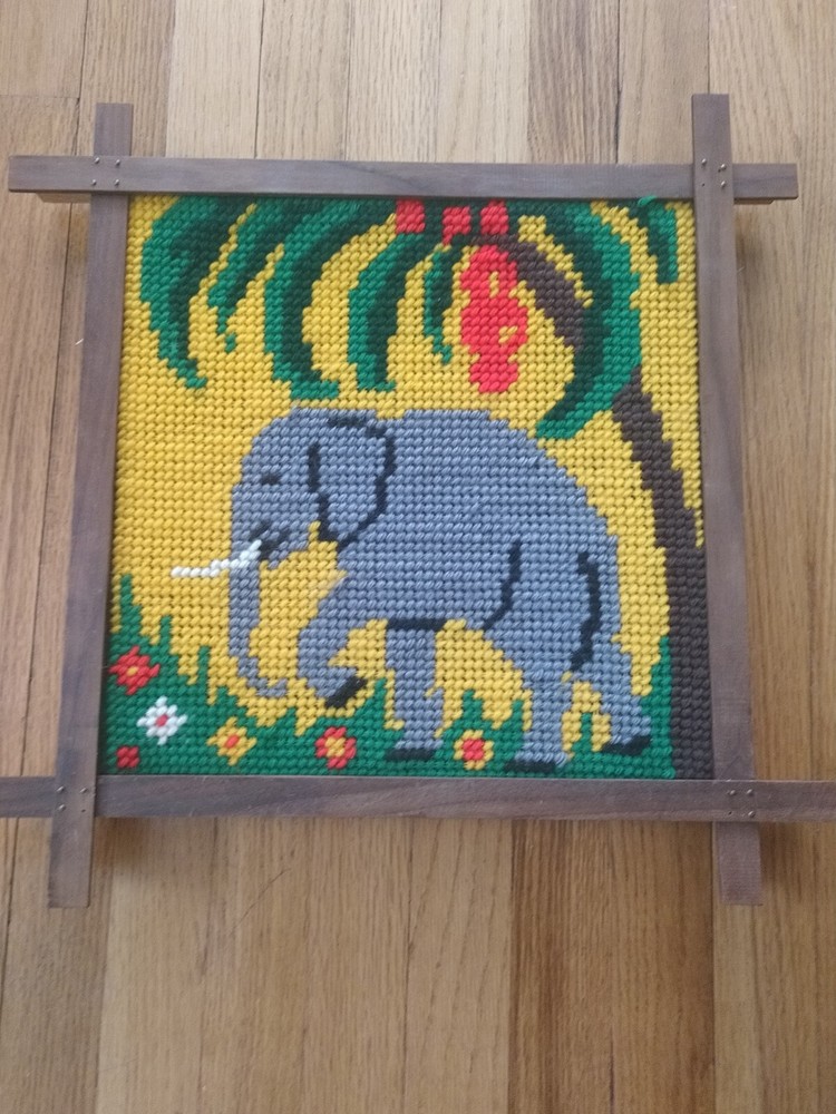 Vintage Tropical Elephant Needlepoint Art Framed 18 Inch Wall Decor