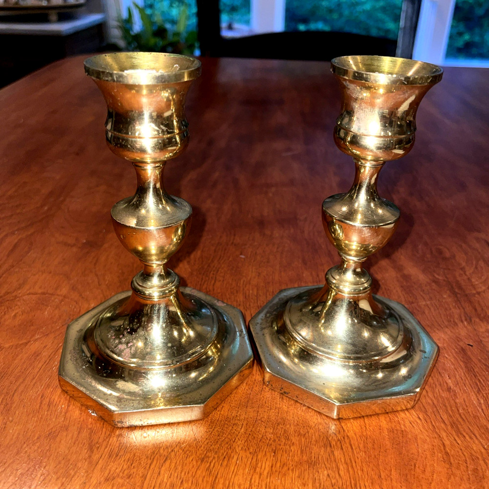 Solid Brass Candlestick Holder Pair 4.75”Tall x 3” Octagonal Classic Colonial