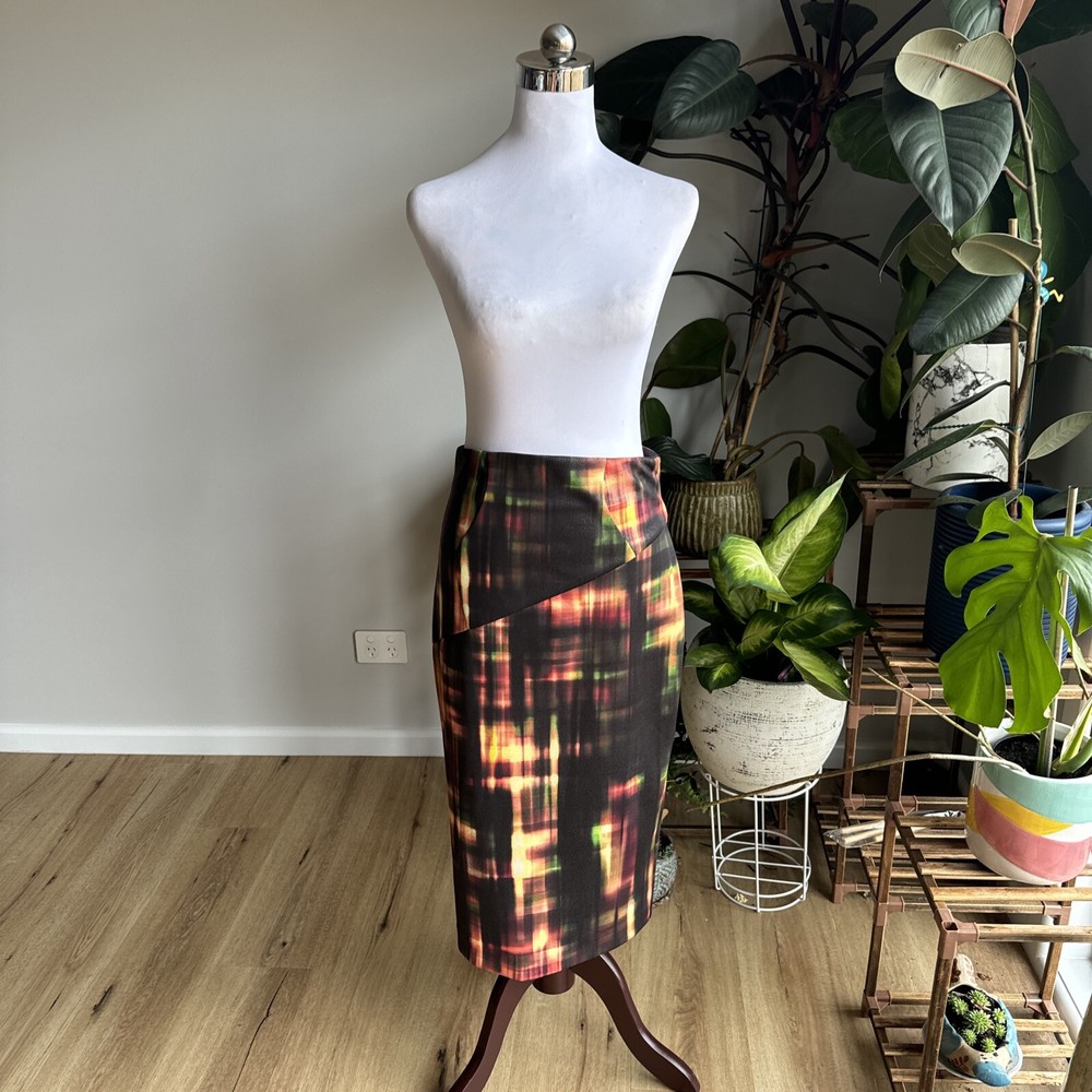 High Waist Stretchy Pencil Midi Skirt Size 8 Abstract Print Corporate Party-image