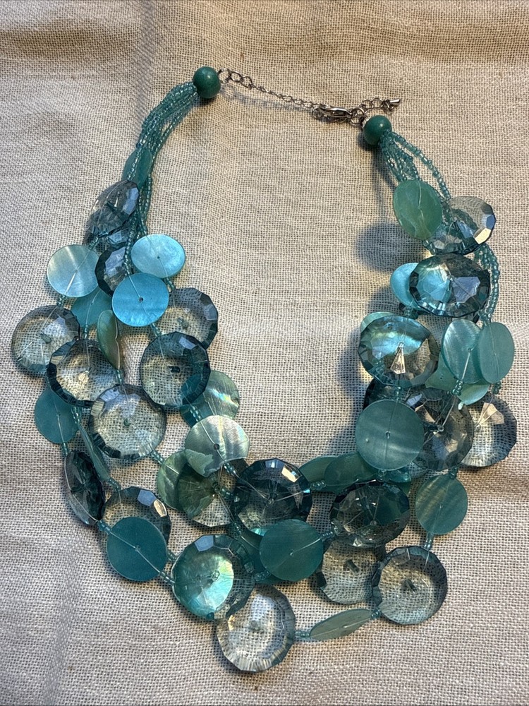 #5 Vintage Aqua Blue Multi-Strand Beaded Statement Necklace - Costume Cocktail