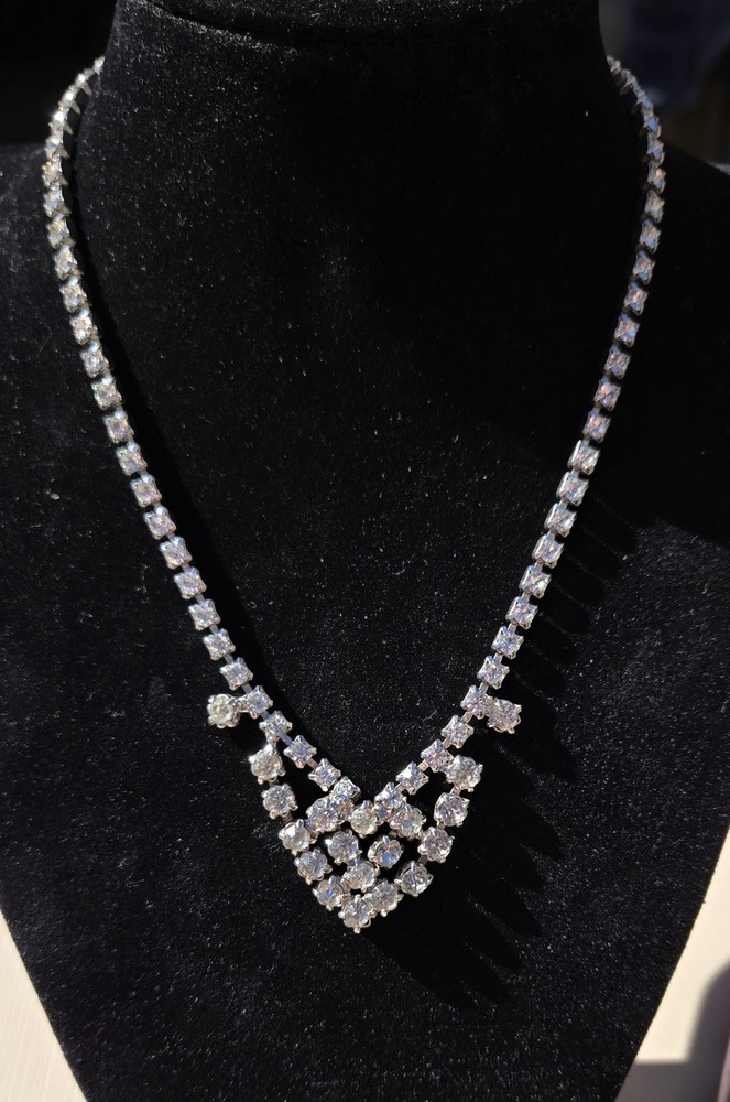Vintage Clear Rhinestone Choker Necklace MISSING STONE! Silver Tone