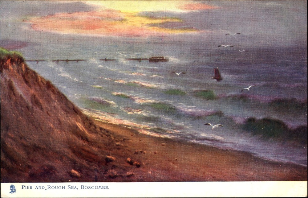 Pier in Rough Seas Boscombe England UK Tuck's Oilette ~ c1910 vintage postcard