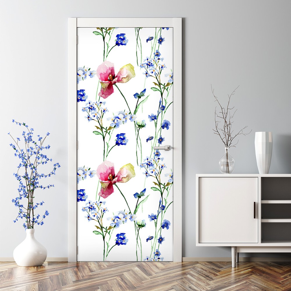 Wildflowers bubble-free door sticker blue and pink wall decal decor