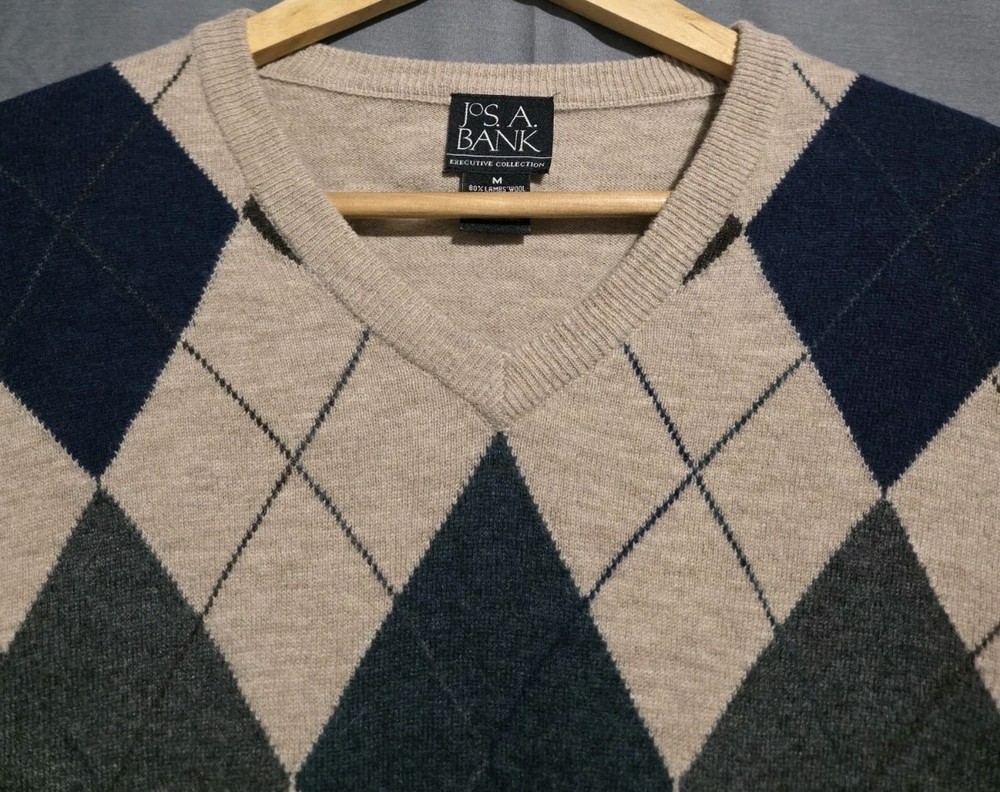 Jos A Bank Sweater Mens M Brown Wool Nylon Blend Argyle Long Sleeve V-Neck