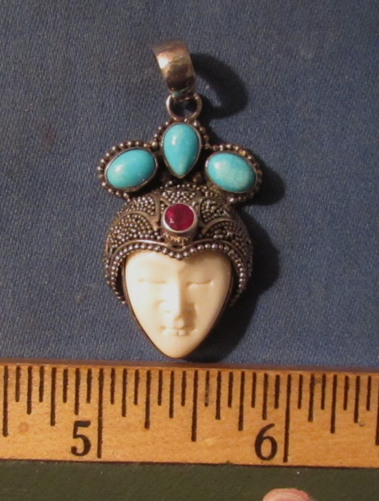 Vintage Sterling Silver With Turquoise & Garnet Carved Face Goddess Pendant