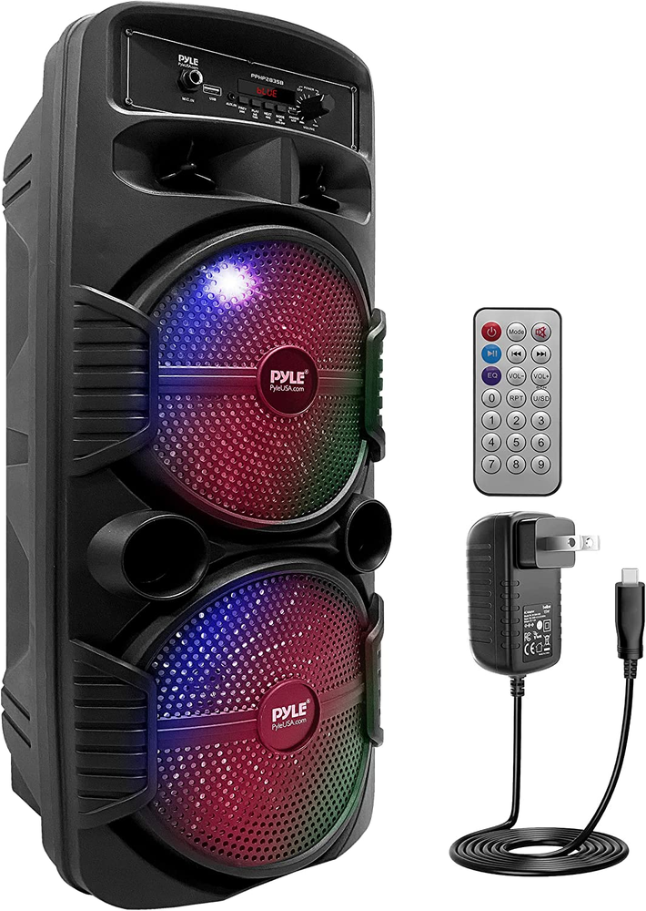 Portable Bluetooth PA Speaker 600W, Dual 8” Subwoofer, Party Lights, USB, Radio