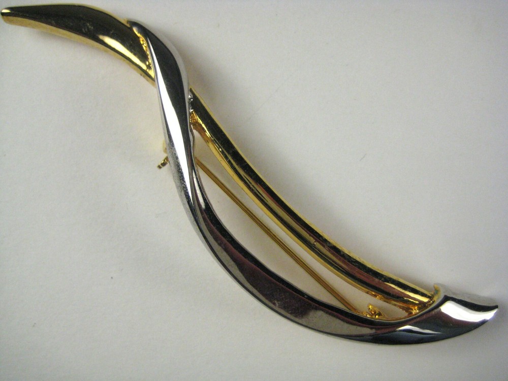 Abstract Gold & Silver Brooch 3.6 Inch Curvy Wavy Lines Pin Estate Jewelry-image