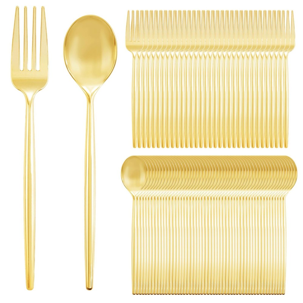 200PCS Gold Plastic Forks and Spoons Heavy Duty Set, Gold Disposable Silverwa...