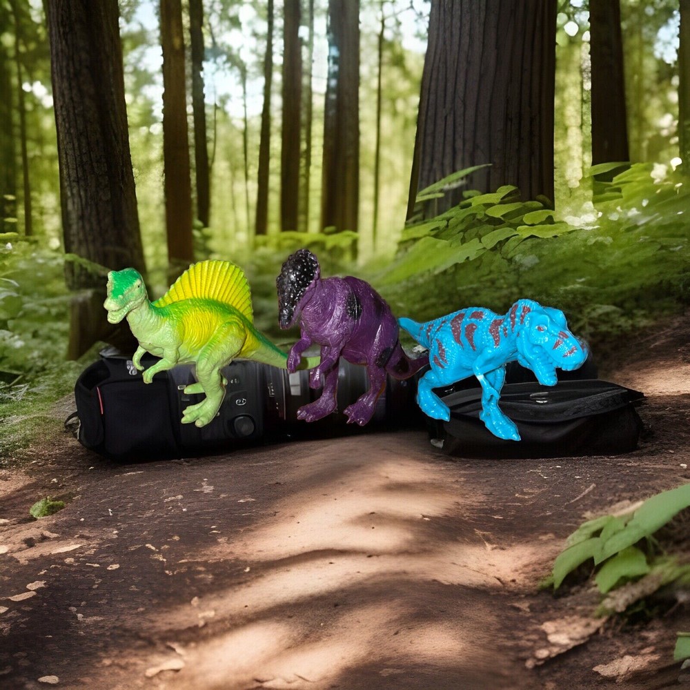3 Unbranded Dinosaur Toys - Blue Triceratops, Purple & Green Brachiosaurus
