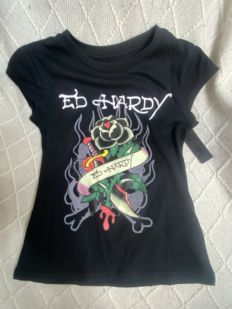 Ed Hardy Black Multicolor Graphic Tattoo Print T-Shirt Women S Cap Sleeve Crew