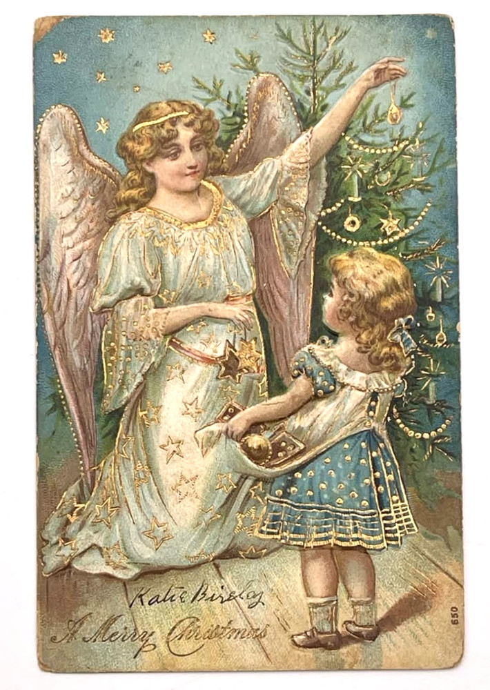 Antique Angel Girl Decorating Christmas Tree Stars Embossed Postcard