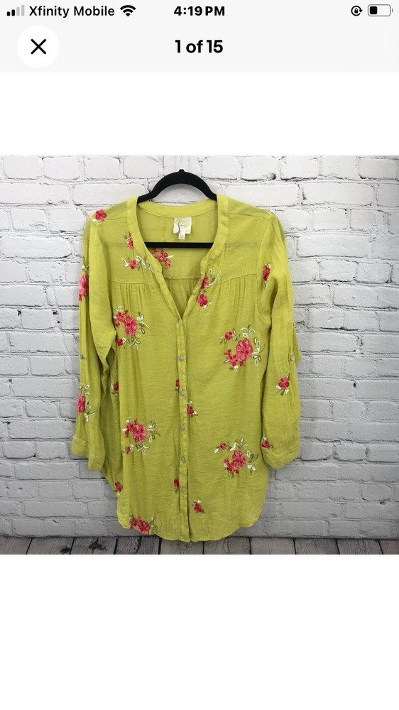 Green Embroidered Floral Long Sleeve Button Up Top for Women 1X in Fig and Flower Print