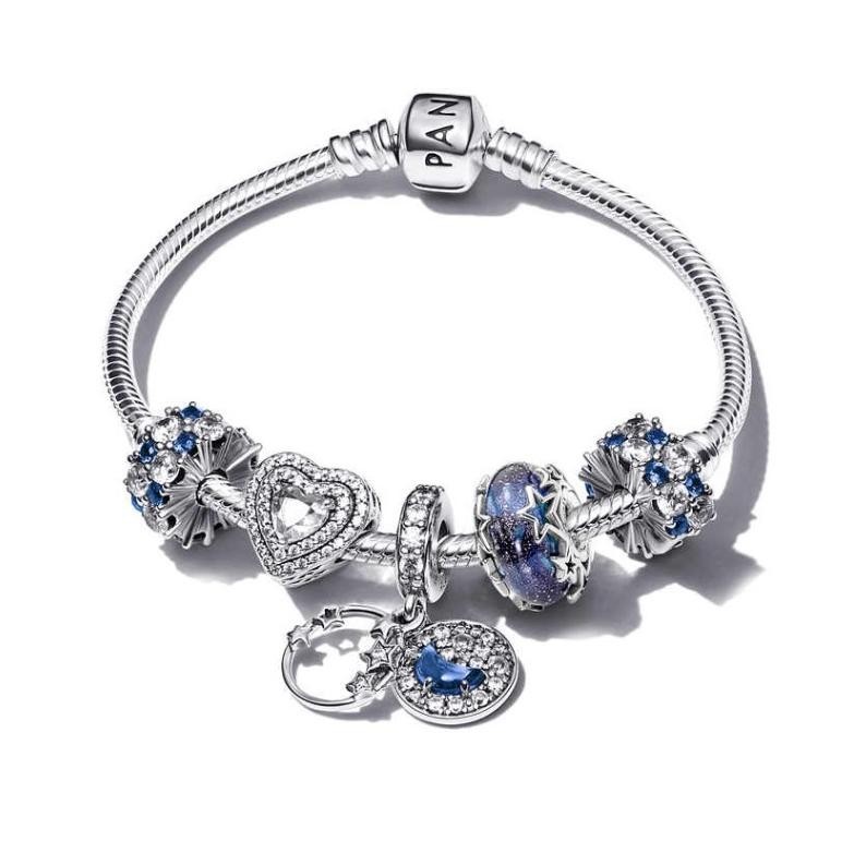 Pandora 925 Silver Stars Shining Heart Charm Bracelet 7.5 Inch with Gift Box
