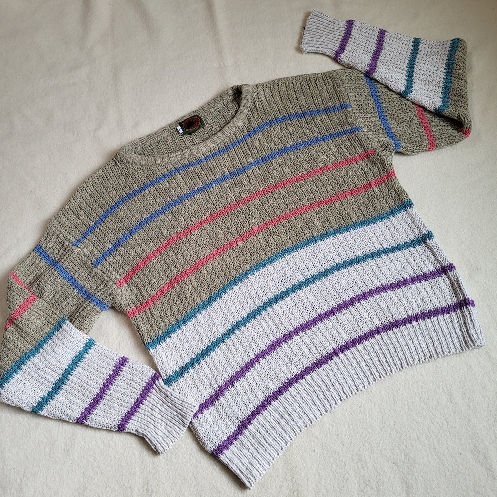 Vintage Boston Traders Sweater Men's Size Large Cotton Linen Blend Striped
