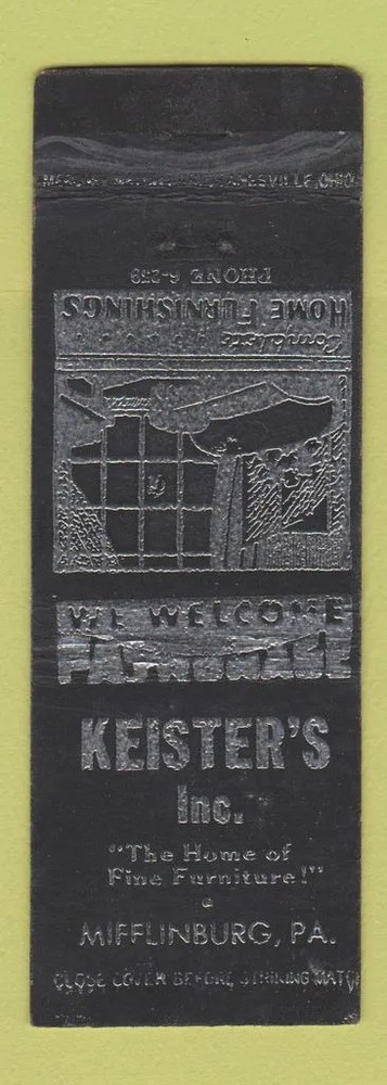 Matchbook Cover - Keister's Furniture Mifflinburg PA WORN