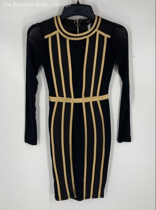 Entry Womens Black Gold Striped Long Sleeve Knee Length Sheath Dress Size Small